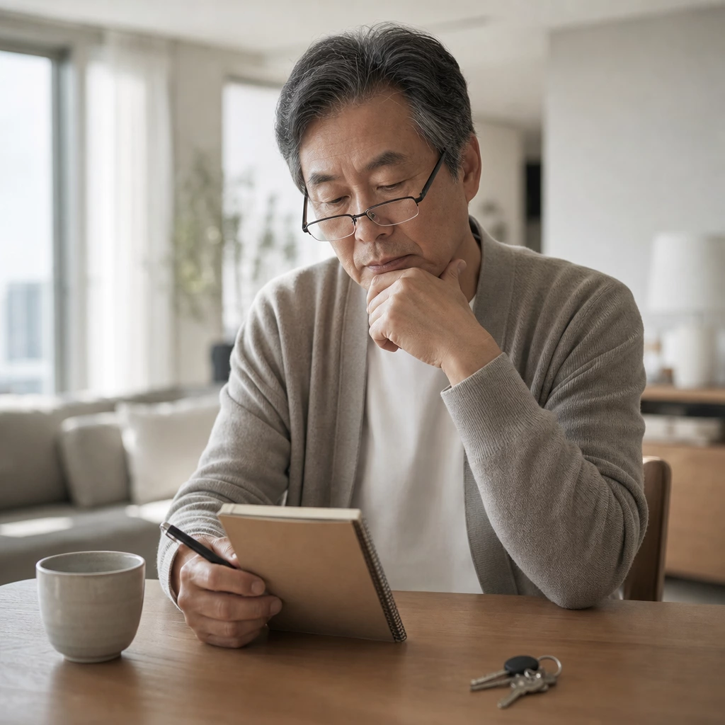 60대 남성이 거실 식탁에서 수첩을 보며 무언가를 떠올리려는 모습