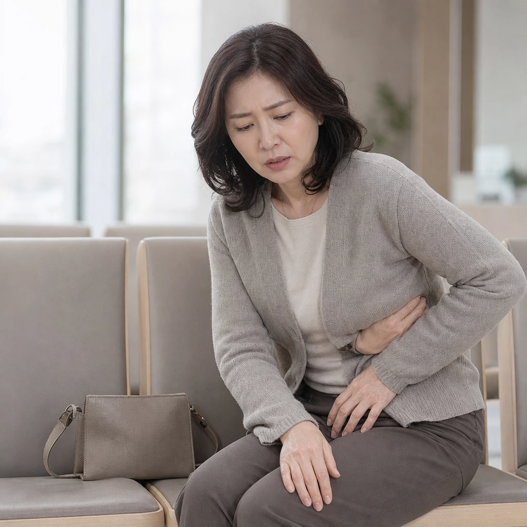 카디건 차림의 40대 여성이 병원 대기실에 앉아 오른쪽 옆구리 아래를 감싸 쥔 모습