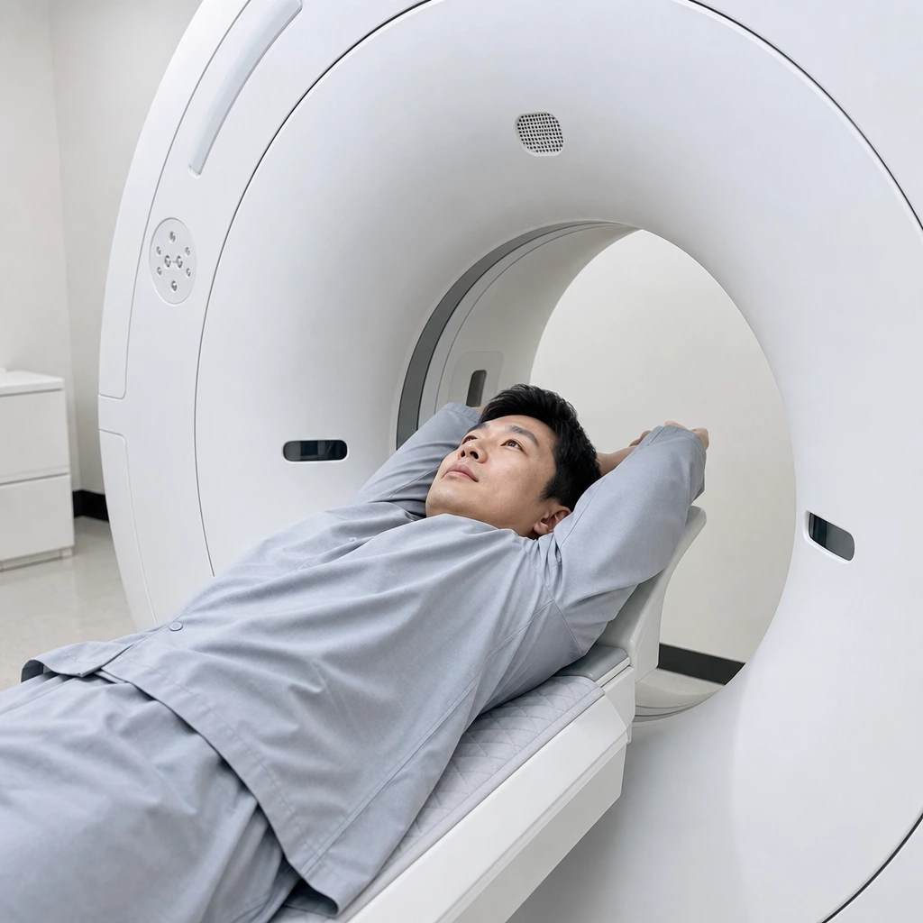 CT 검사대에 누워 두 팔을 머리 위로 올리고 흉부 CT 촬영을 기다리는 남성