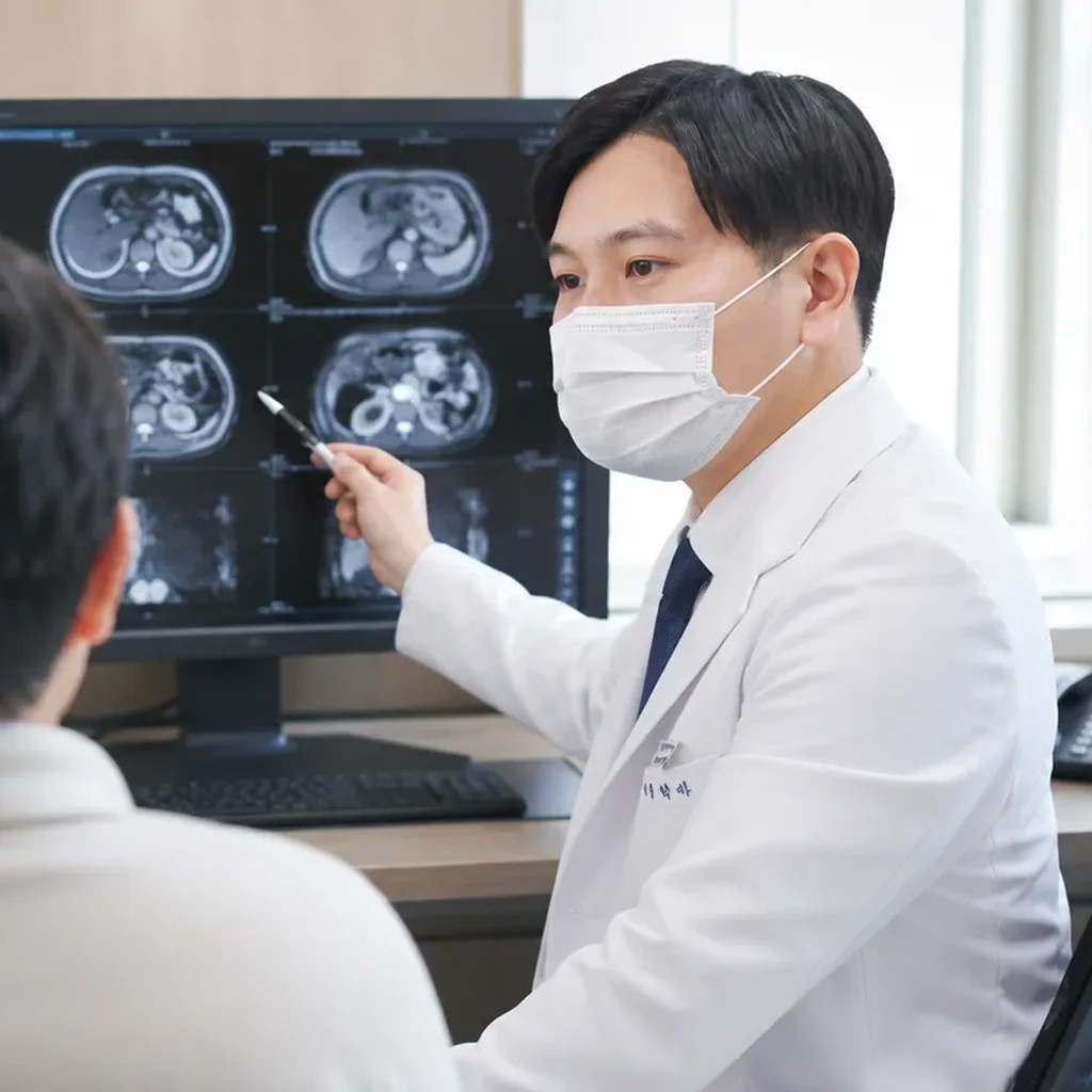박세진 영상의학과 원장이 복부 CT 영상을 가리키며 환자에게 결과를 설명하는 모습